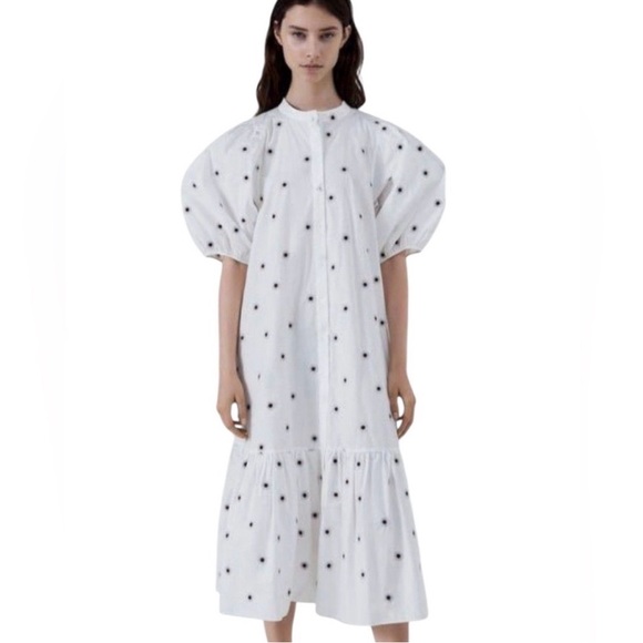 Zara White Cotton Embroidered Midi Dress with Puffed Sleeves - Picture 3 of 5